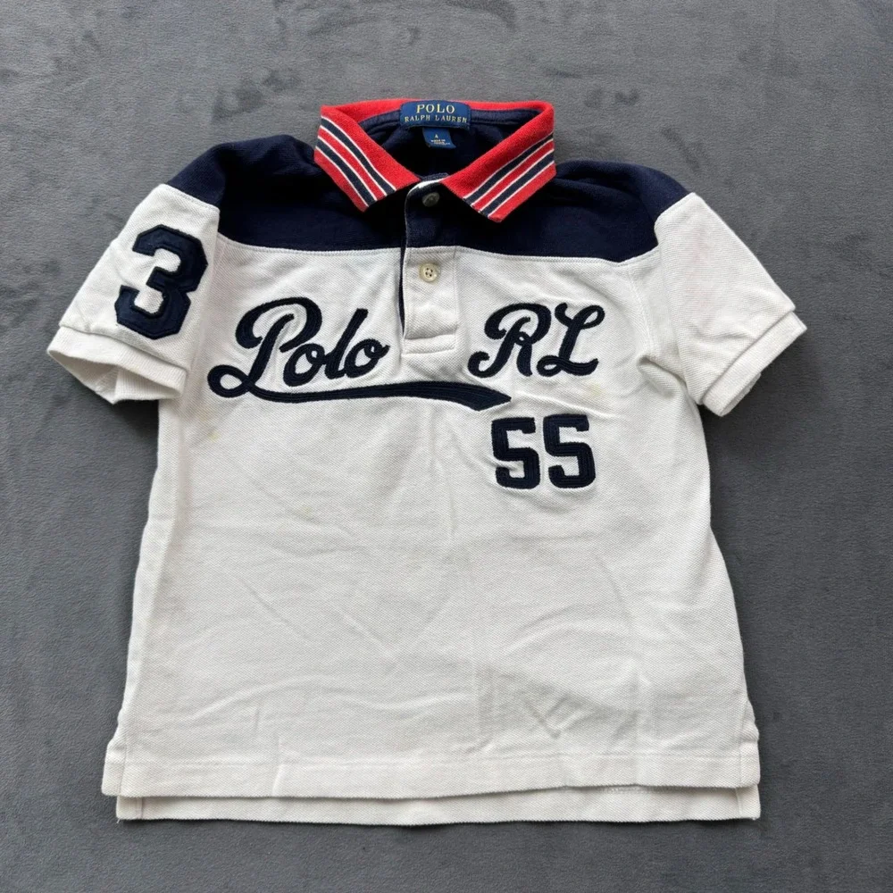 Polo Ralph Lauren Boys 4 Navy White Colorblock Striped Collar Polo Shirt 55 3
